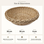 Size chart for the round wicker bread plate showing 30 cm length, 30 cm width and 6 cm height, with notes on willow grown and woven by hand.