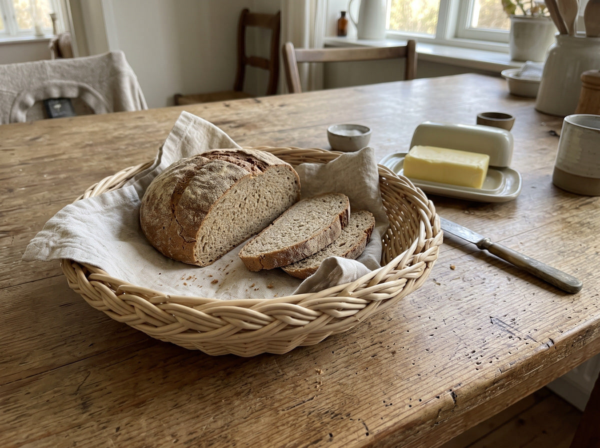 Round willow bread basket lined with a linen napkin, holding a sliced rye loaf on a farmhouse table with a butter dish and knife.