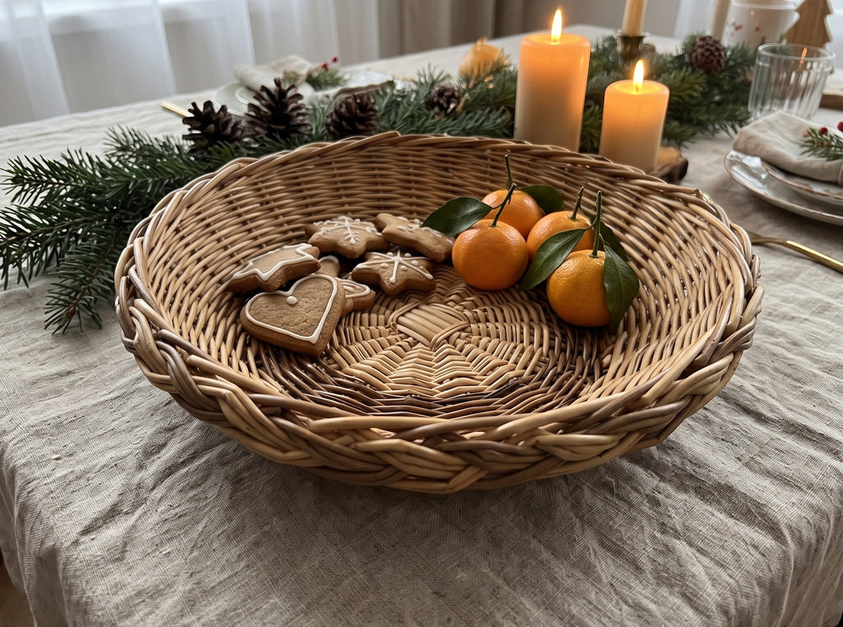Shallow wicker bread basket with gingerbread stars, a heart cookie and tangerines on a linen tablecloth among candles and fir branches.