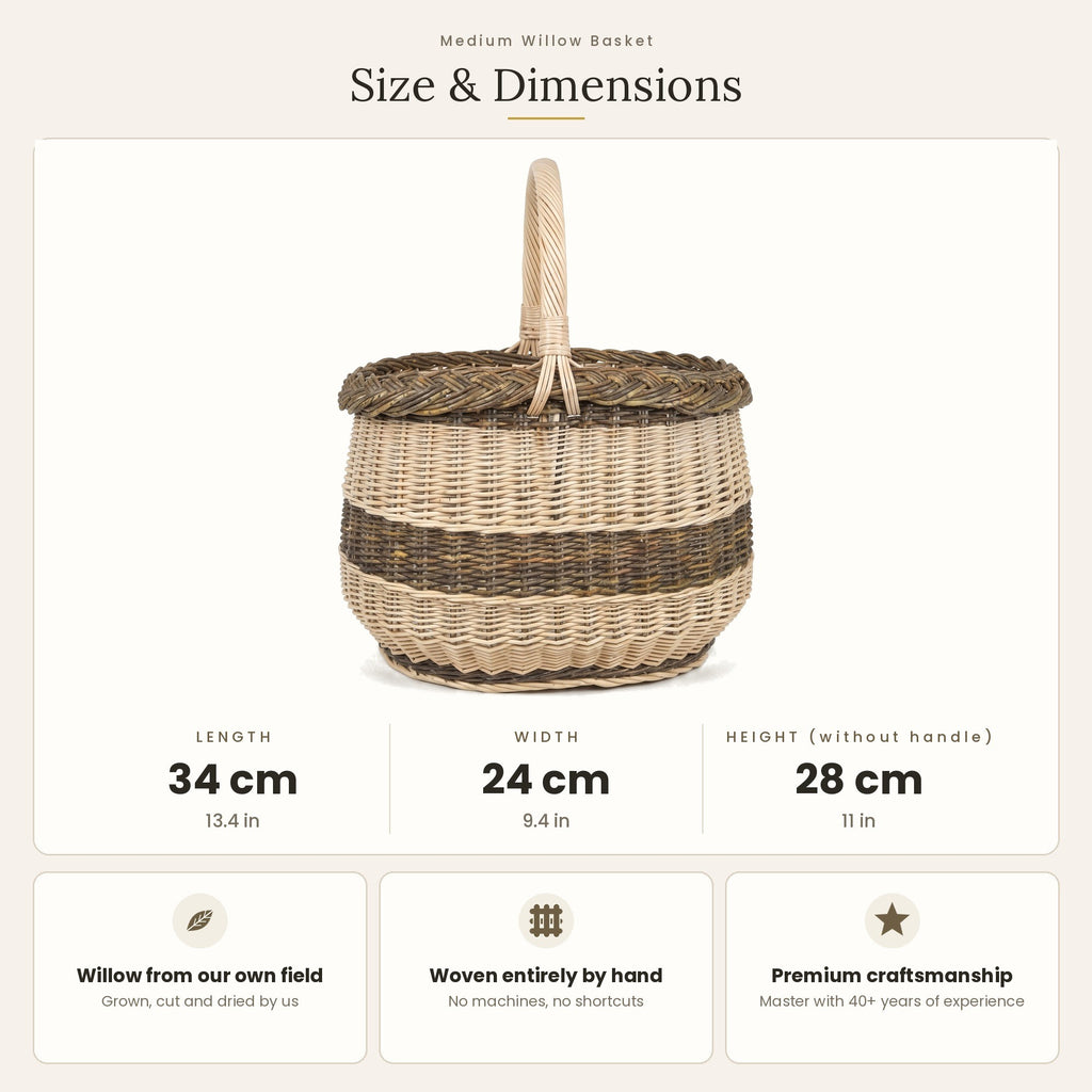 Size chart for the medium willow bread basket with twisted handle showing 34 cm length, 24 cm width and 28 cm height without handle