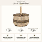 Size chart for the medium willow bread basket with twisted handle showing 34 cm length, 24 cm width and 28 cm height without handle