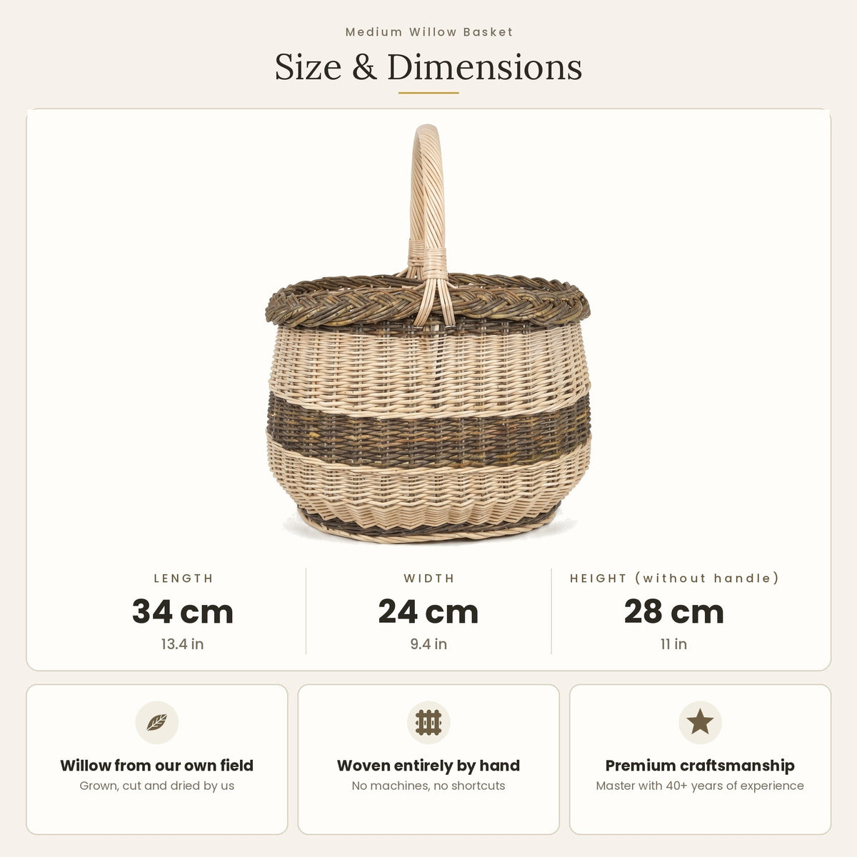 Size chart for the medium willow bread basket with twisted handle showing 34 cm length, 24 cm width and 28 cm height without handle