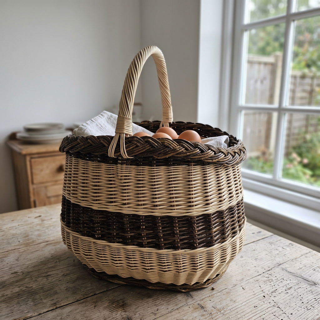 Willow bread basket with twisted handle holding fresh eggs and a linen cloth on a wooden kitchen table by a bright window