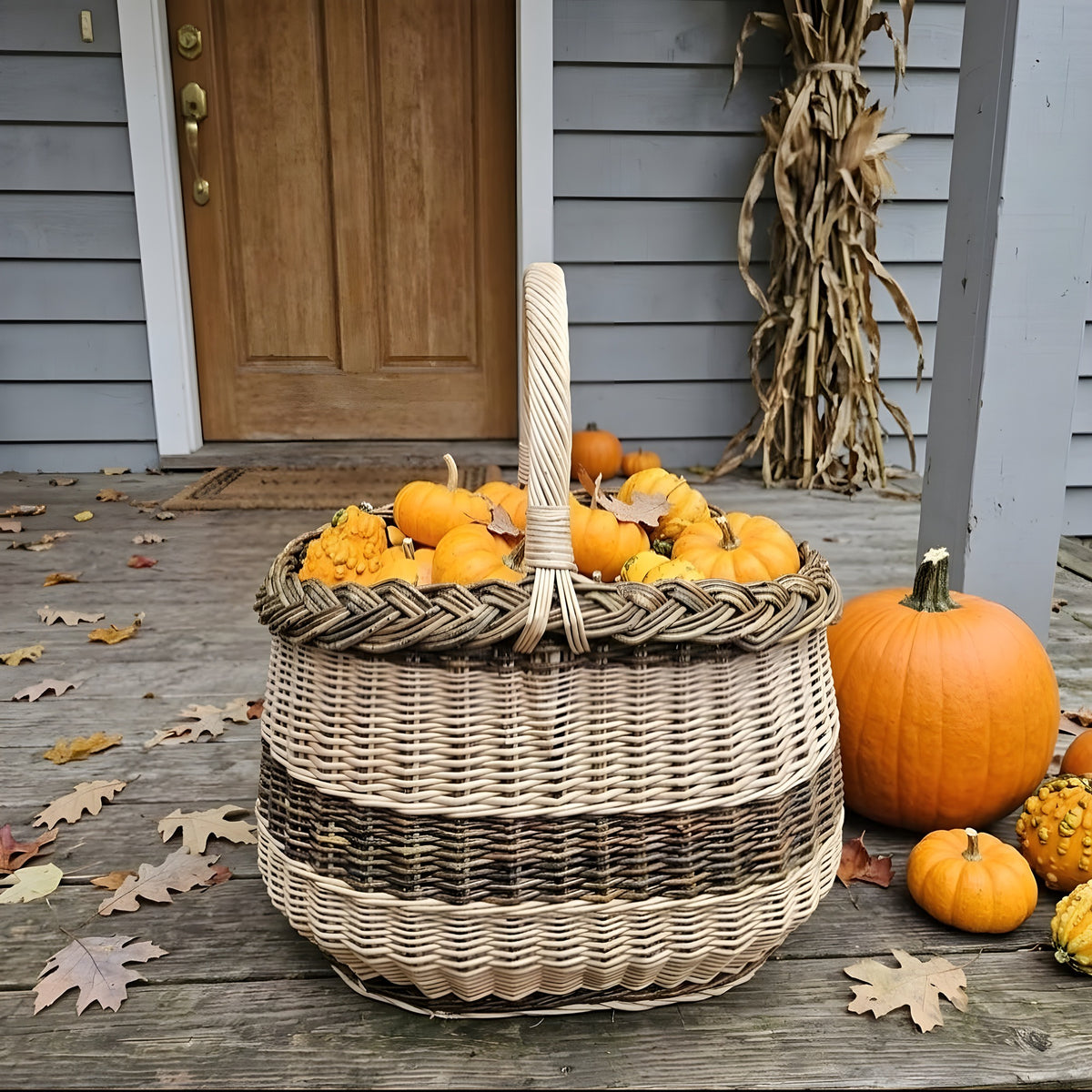 Wicker shopping basket full of small pumpkins and gourds on an autumn porch beside a large orange pumpkin