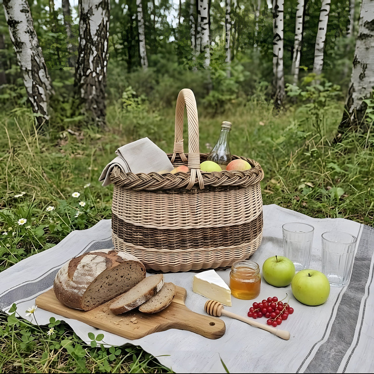 Willow picnic basket with handle on a linen cloth in a birch grove with rye bread, honey, cheese and apples laid out beside it
