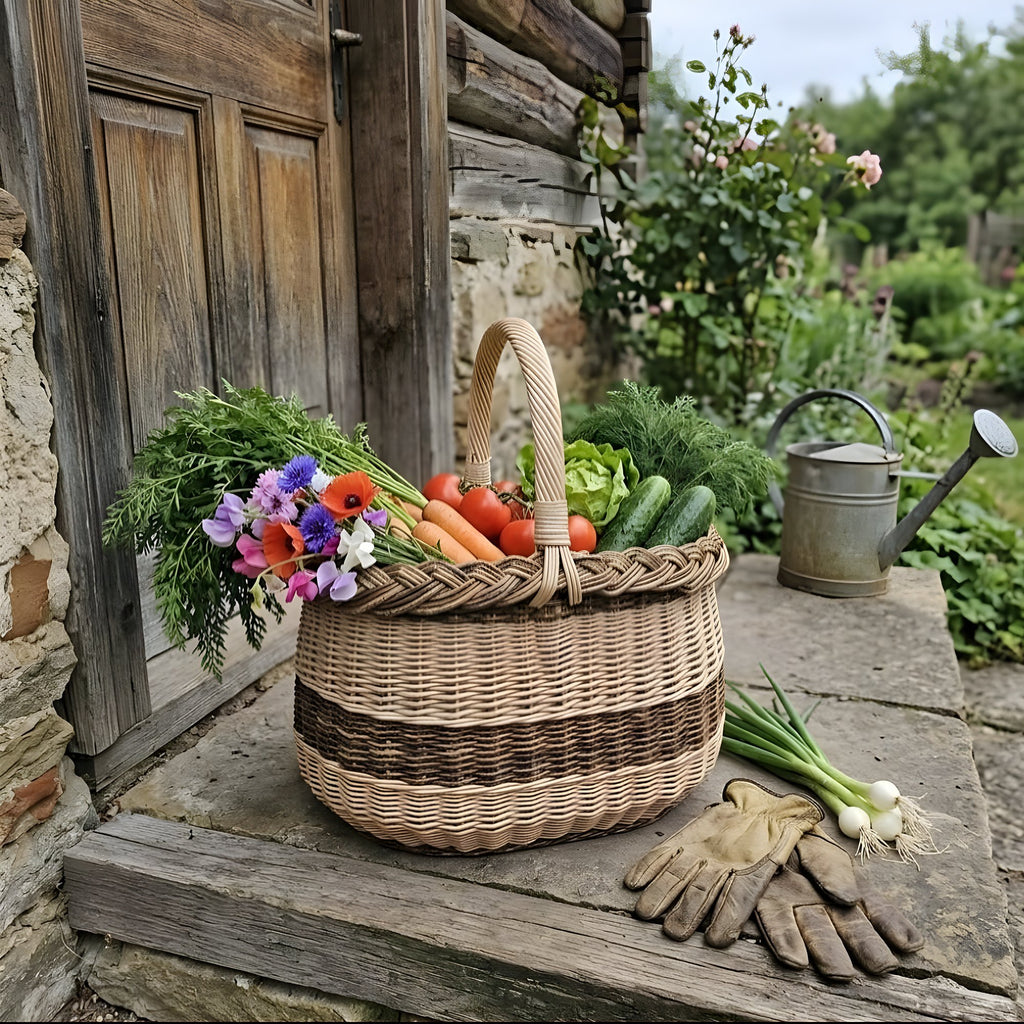 Willow basket with carrots, tomatoes, lettuce, dill and garden flowers on the stone step of an old log house
