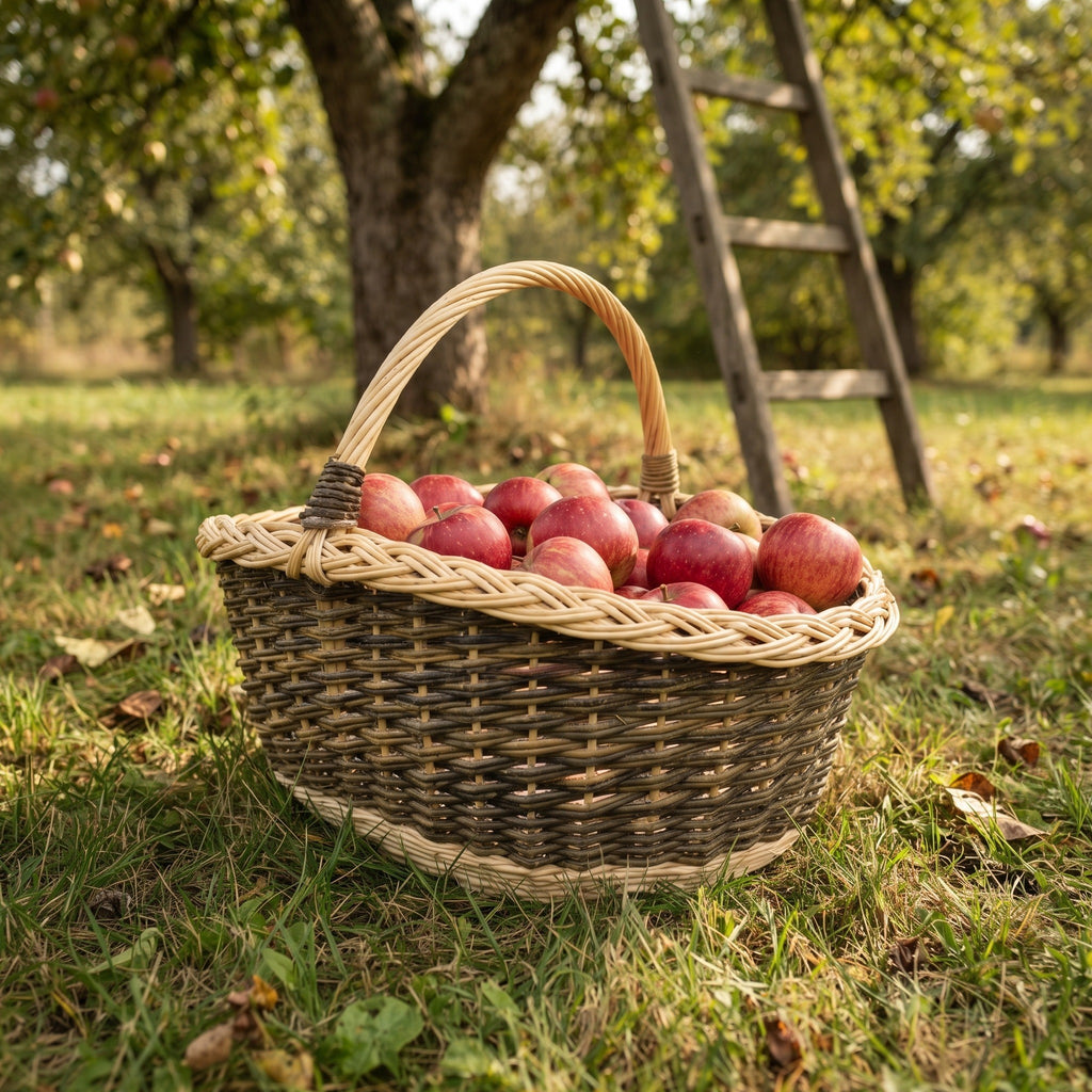 Large oval harvest basket with handle piled with red apples on the grass under apple trees, with a wooden ladder behind