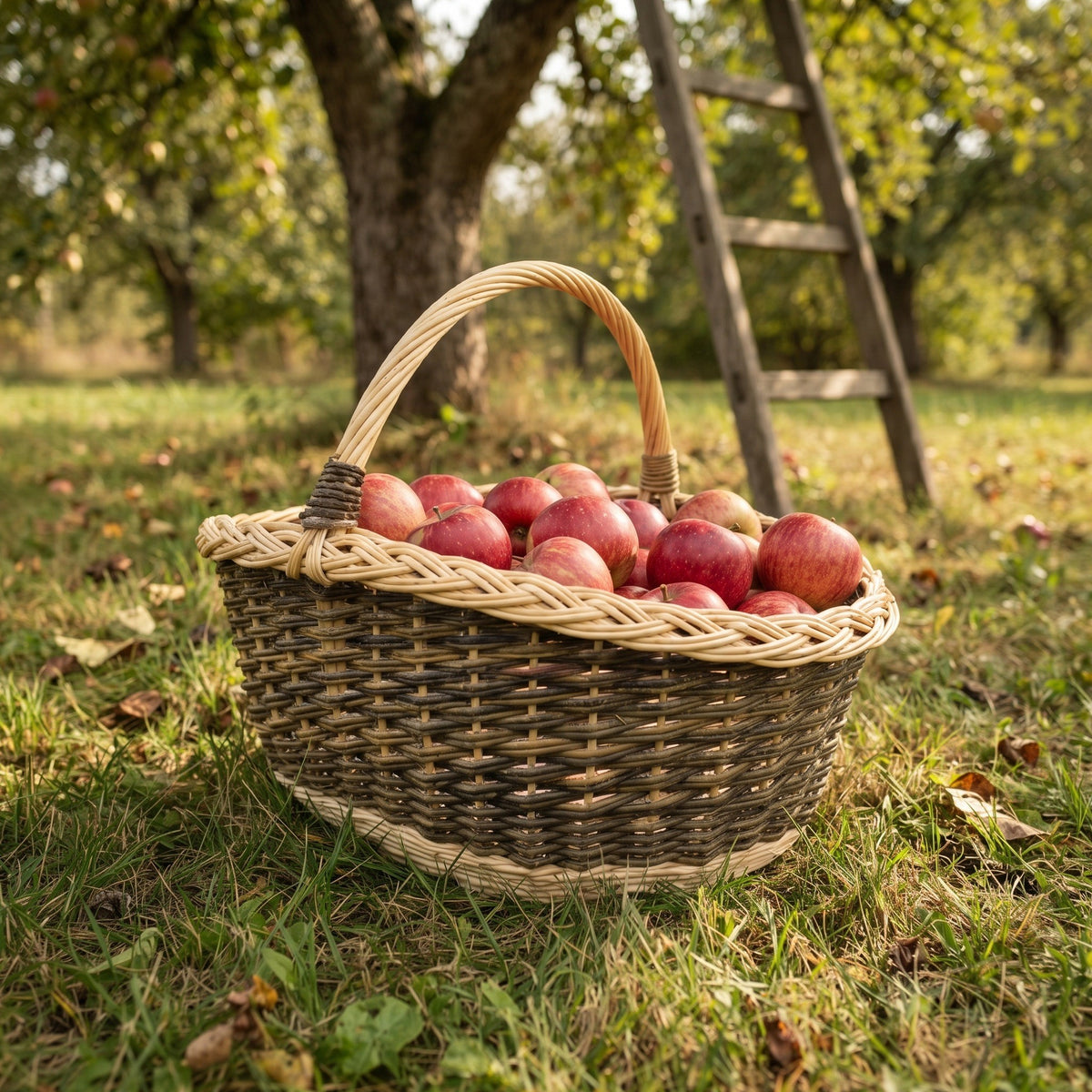 Large oval harvest basket with handle piled with red apples on the grass under apple trees, with a wooden ladder behind