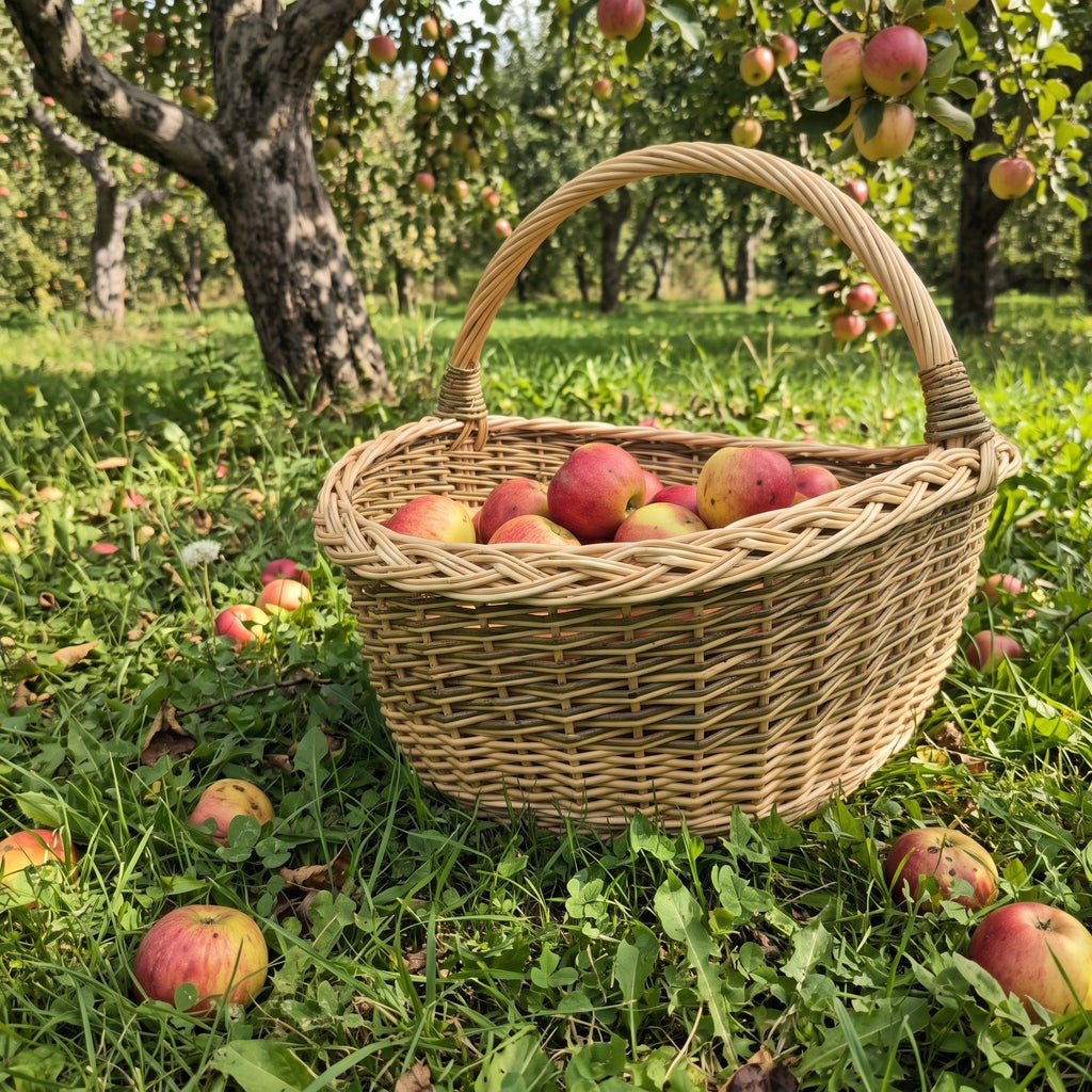 Large oval willow apple basket with handle full of freshly picked apples in an orchard with fallen apples around it