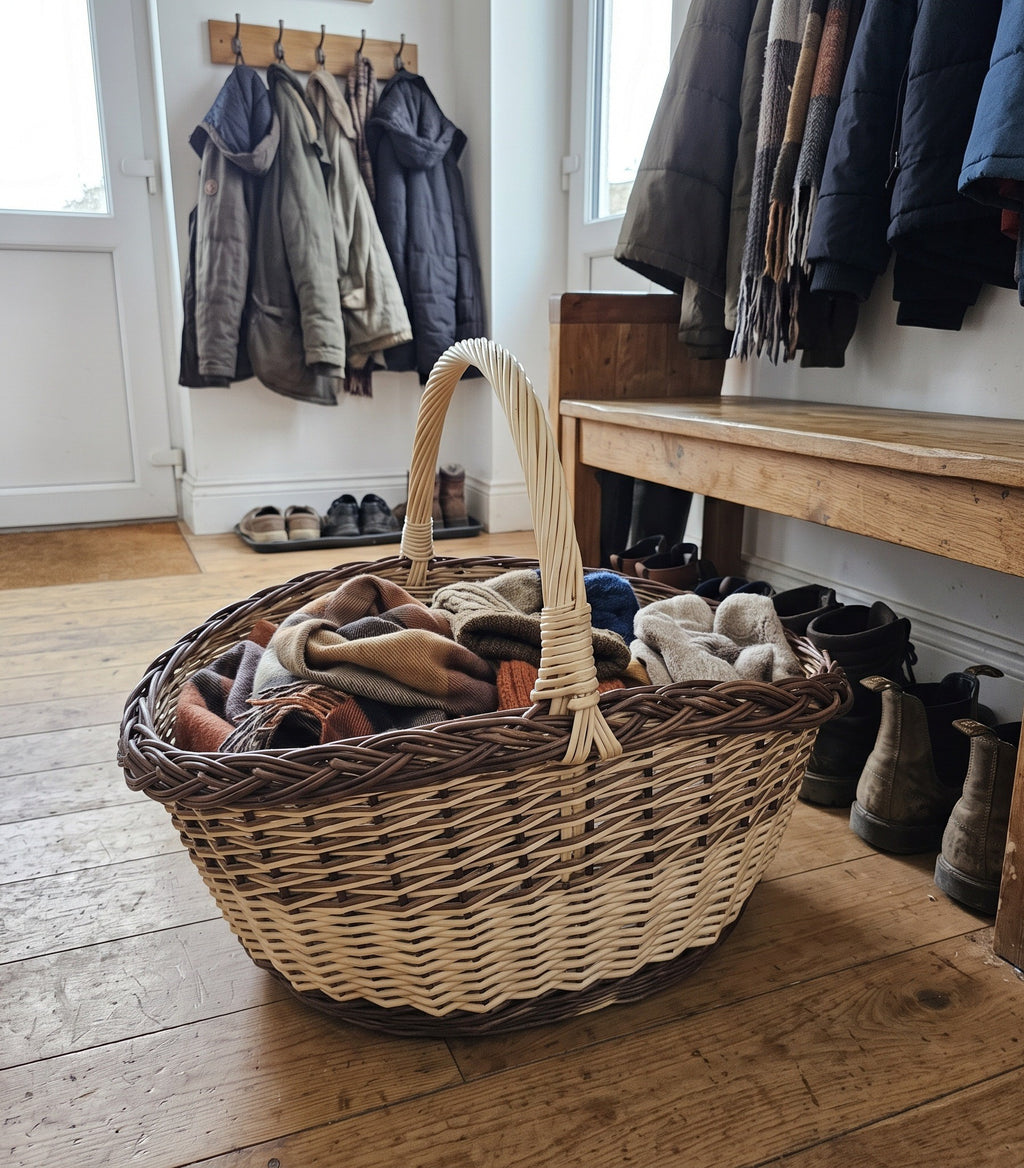 Large oval wicker storage basket with handle holding scarves and gloves on the floor of a hallway beside a coat rack