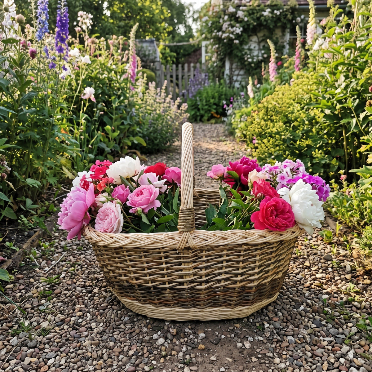 Large oval willow flower basket with a tall handle filled with fresh peonies and roses on a gravel path in a cottage garden