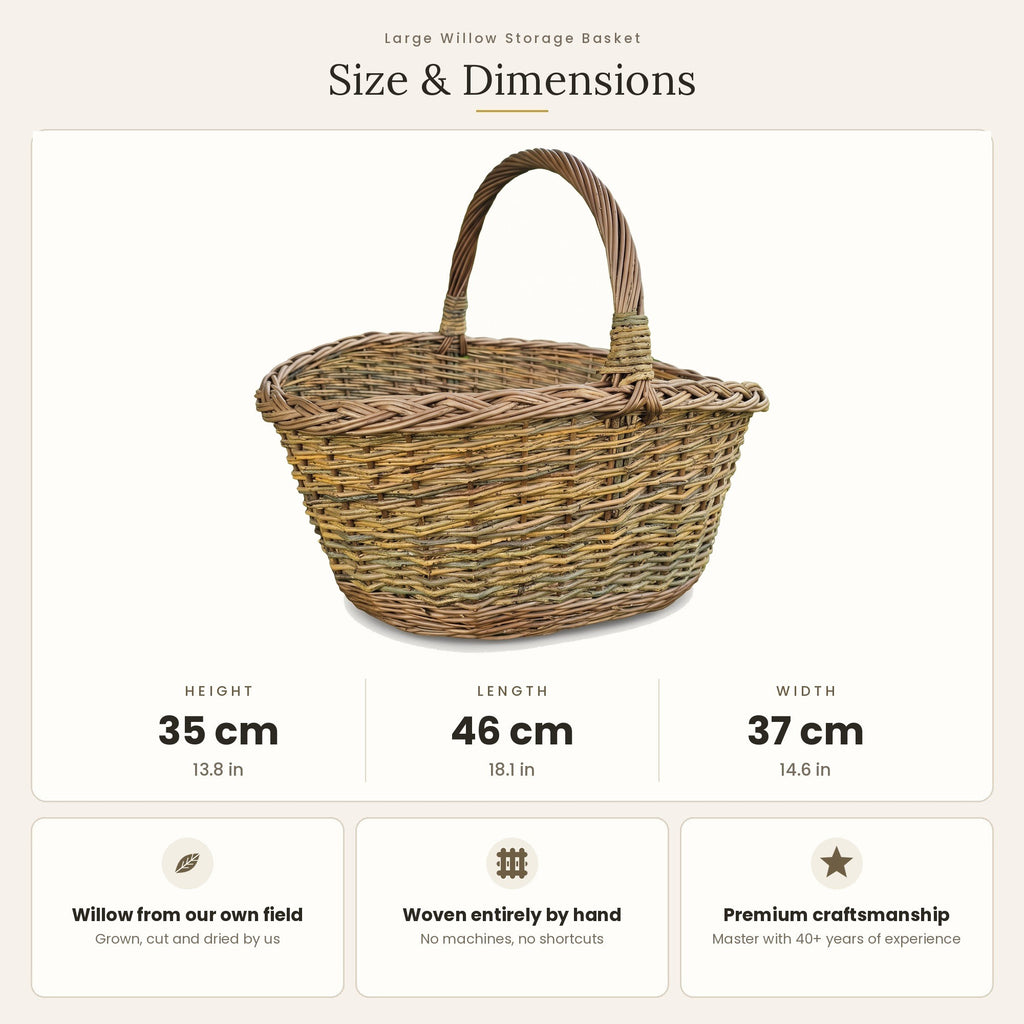 Size chart for the large oval wicker basket with tall handle showing 35 cm height, 46 cm length and 37 cm width