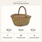 Size chart for the large oval wicker basket with tall handle showing 35 cm height, 46 cm length and 37 cm width
