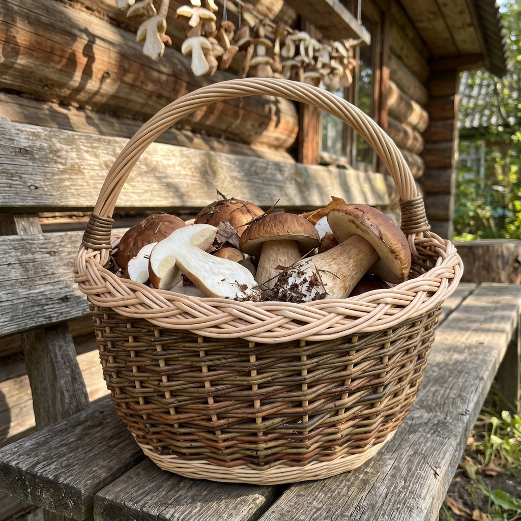 Large wicker foraging basket with handle full of porcini mushrooms on a wooden bench outside a log cabin