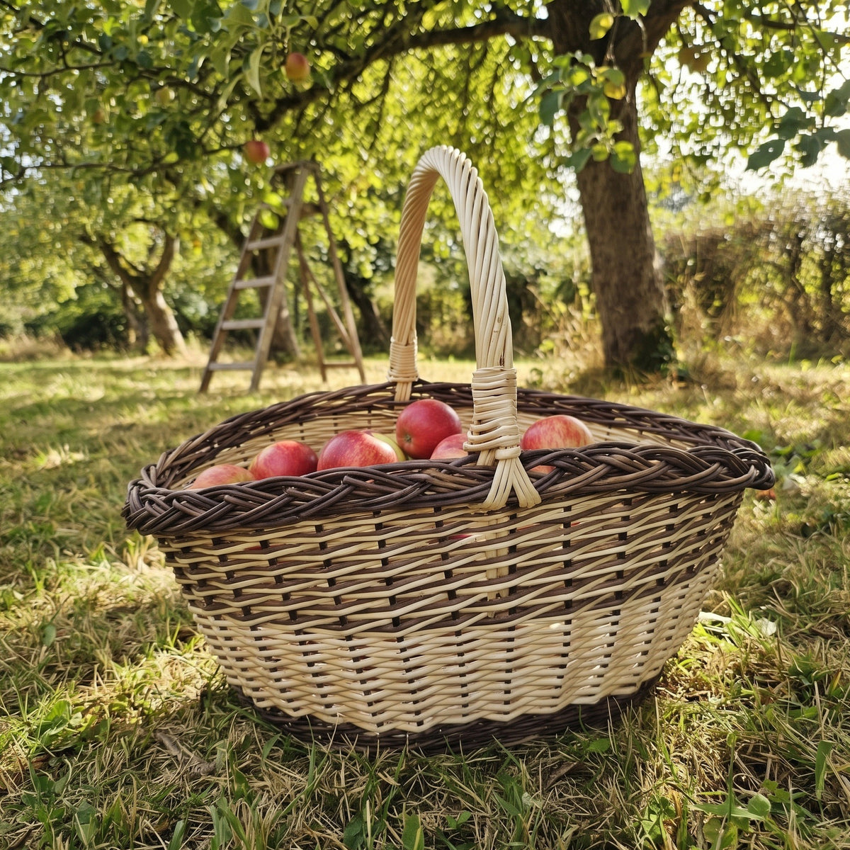 Large oval wicker apple basket with a tall twisted handle holding red apples on the grass in an orchard