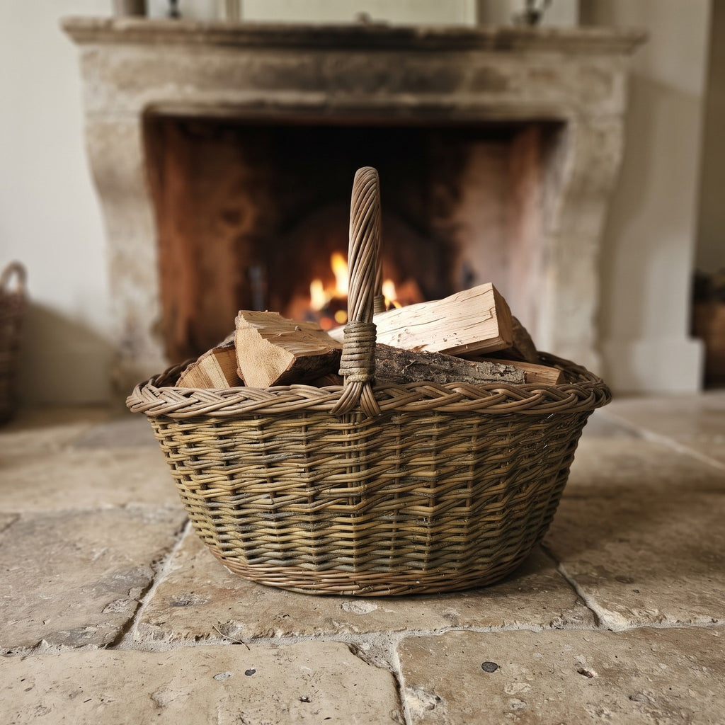 Large oval wicker log basket with handle filled with firewood in front of a stone fireplace with a burning fire