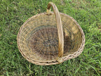 Top view of the large oval willow basket on the grass, showing the woven base, twisted rim and the tall twisted handle