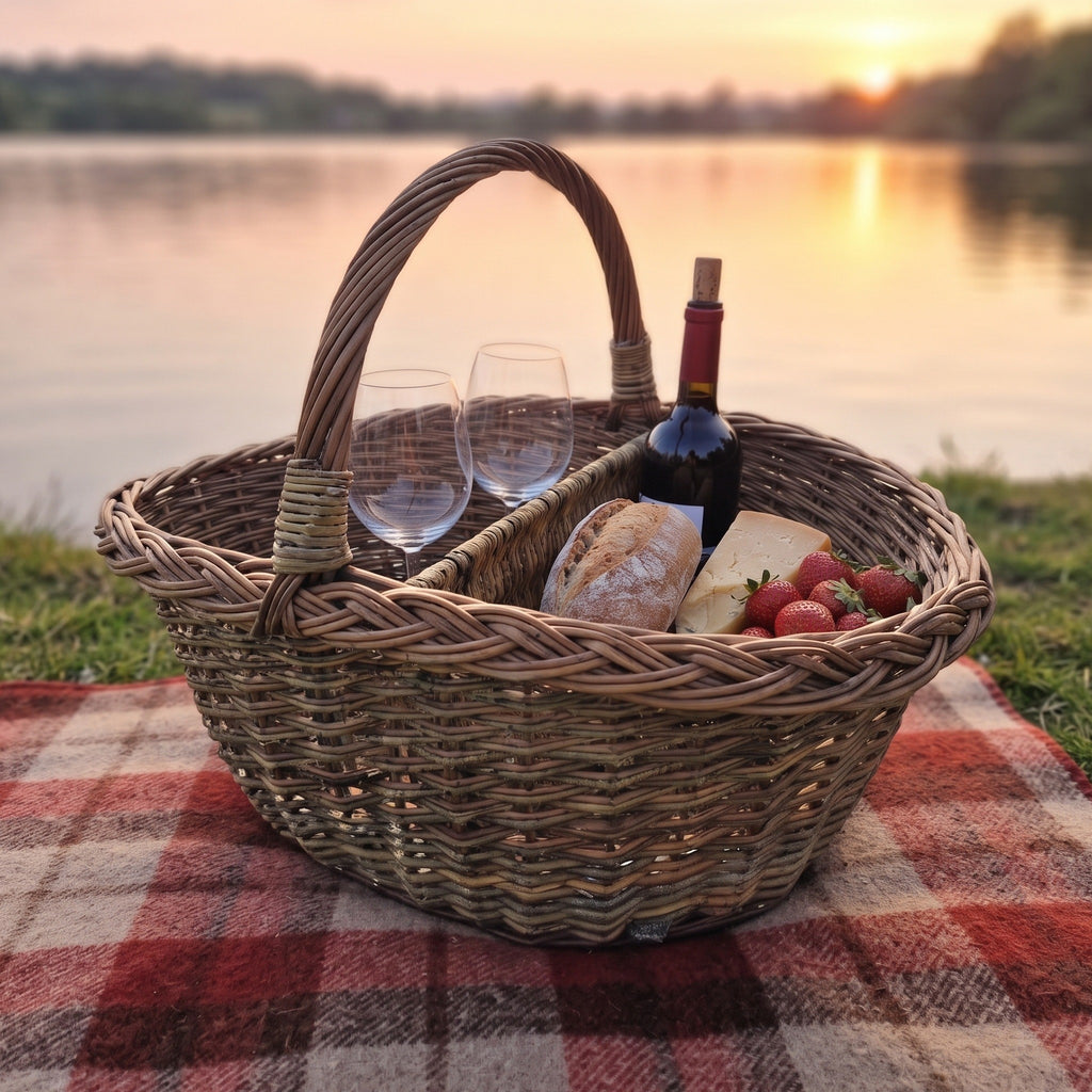 Wicker picnic basket with divider holding wine, glasses, bread, cheese and strawberries on a tartan blanket by a lake at sunset.