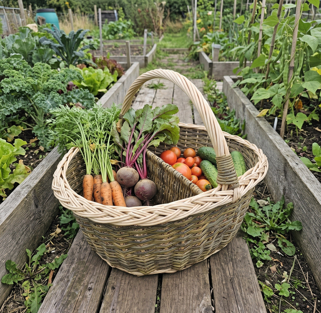Two compartment willow basket with a tall handle filled with carrots, beetroot, tomatoes and cucumbers on a path between raised garden beds