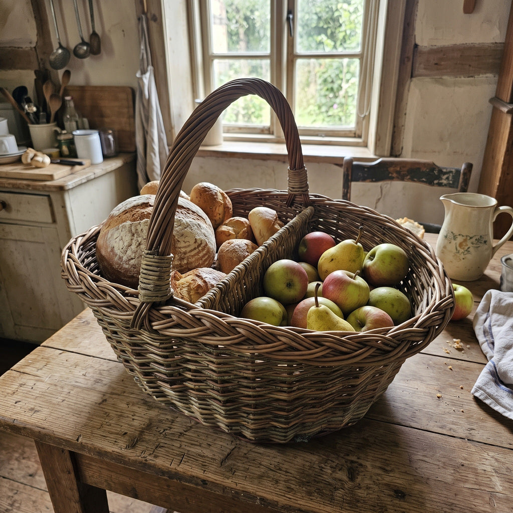 Willow market basket with divider holding fresh bread on one side and apples and pears on the other on a farmhouse kitchen table.