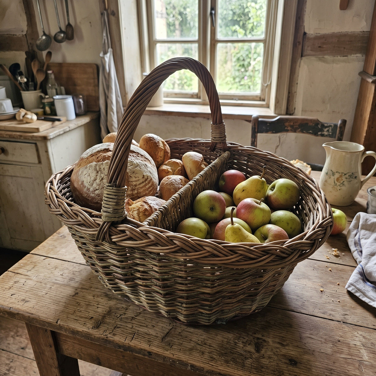Willow market basket with divider holding fresh bread on one side and apples and pears on the other on a farmhouse kitchen table.
