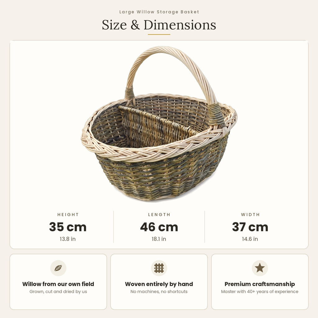 Size chart for the divided market basket with handle showing 35 cm height, 46 cm length and 37 cm width