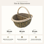 Size chart for the divided market basket with handle showing 35 cm height, 46 cm length and 37 cm width