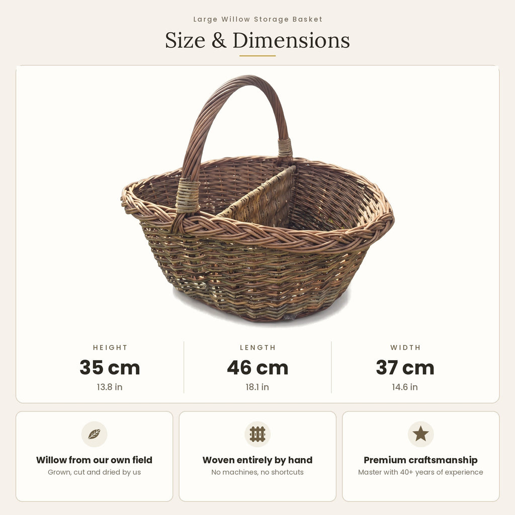 Size chart for the wicker picnic basket with divider showing 35 cm height, 46 cm length and 37 cm width.