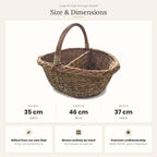 Size chart for the wicker picnic basket with divider showing 35 cm height, 46 cm length and 37 cm width.