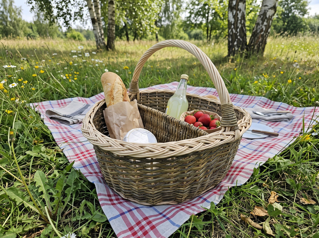 Handwoven willow picnic basket with a divider holding a baguette, cheese, lemonade and strawberries on a checked blanket in a meadow