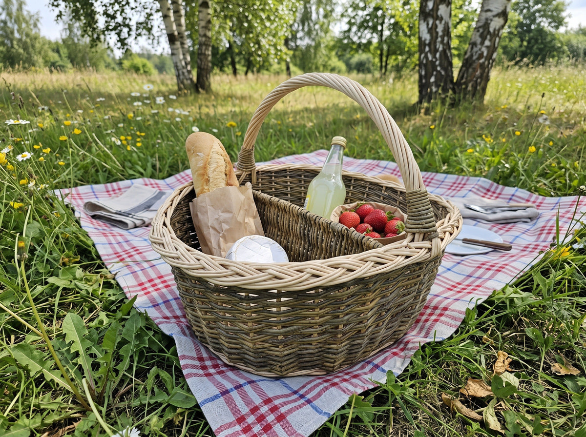 Handwoven willow picnic basket with a divider holding a baguette, cheese, lemonade and strawberries on a checked blanket in a meadow