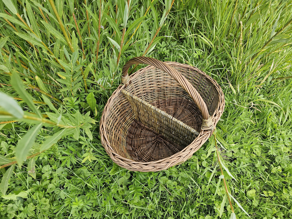 Handwoven willow basket with divider seen from above in green grass, the woven partition splitting it into two sections.