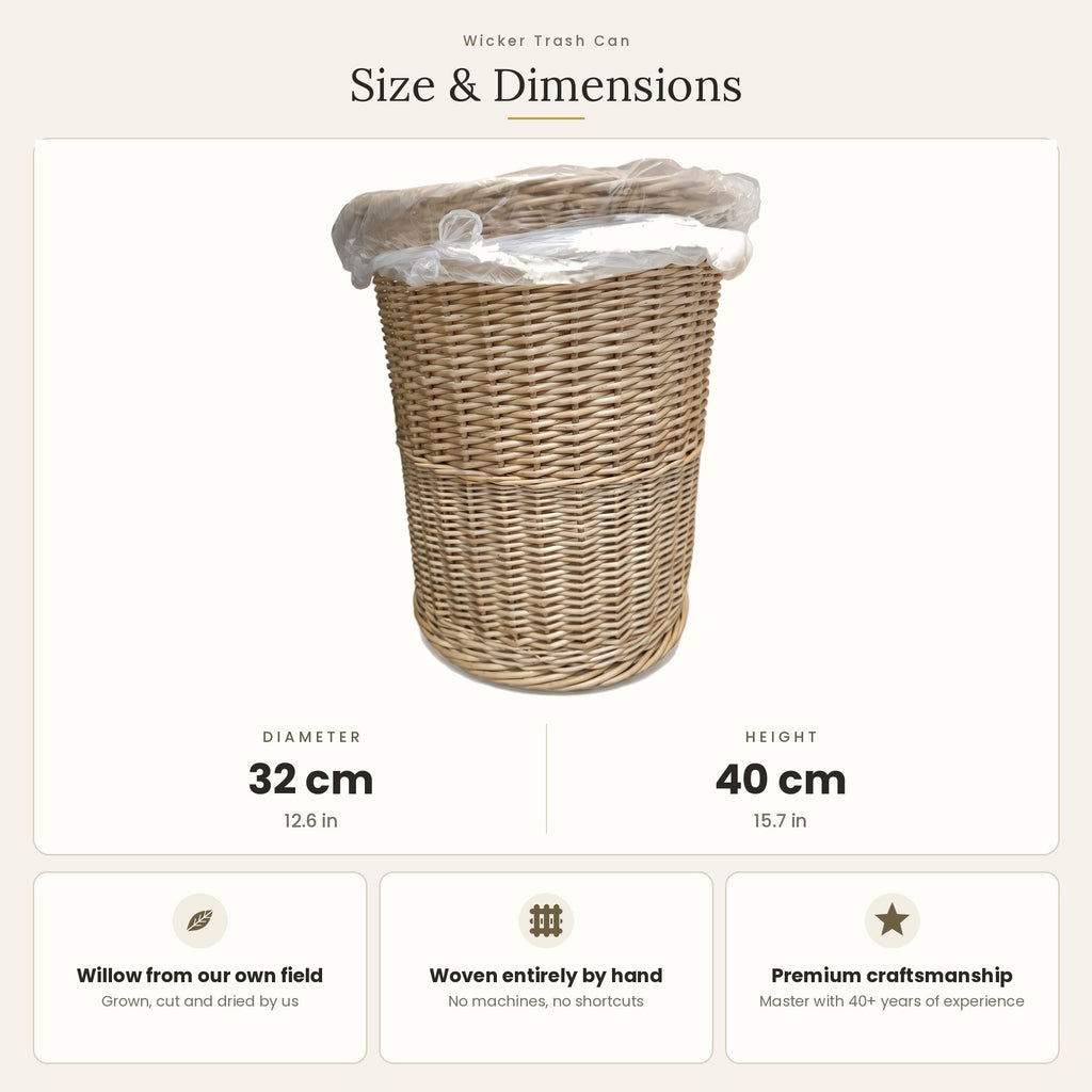 Size chart for the round wicker waste basket and trash can showing 32 cm diameter and 40 cm height.
