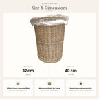Size chart for the round wicker waste basket and trash can showing 32 cm diameter and 40 cm height.