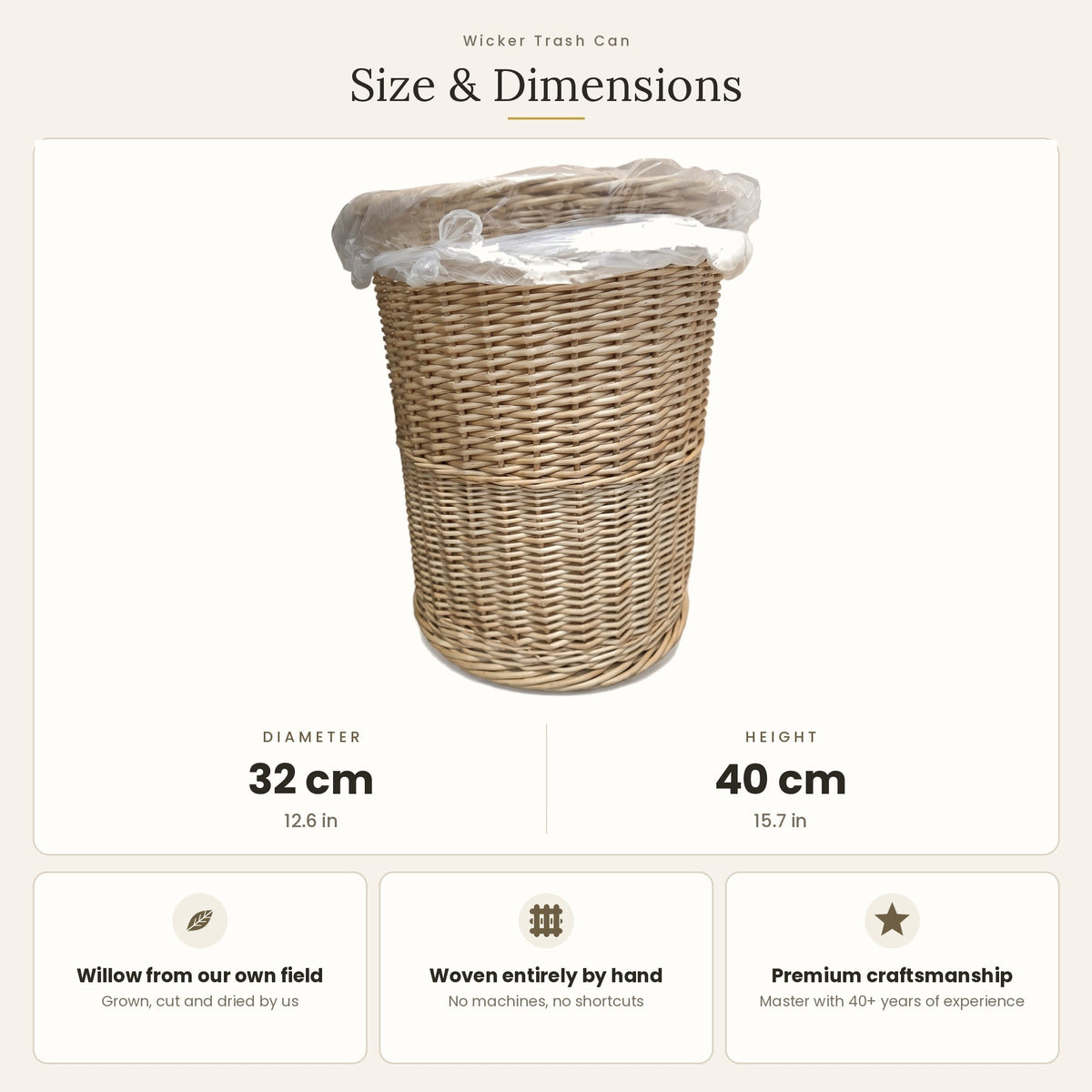 Size chart for the round wicker waste basket and trash can showing 32 cm diameter and 40 cm height.