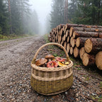 Handwoven willow mushroom basket with handle full of wild forest mushrooms on a gravel forest road beside stacked logs on a misty morning