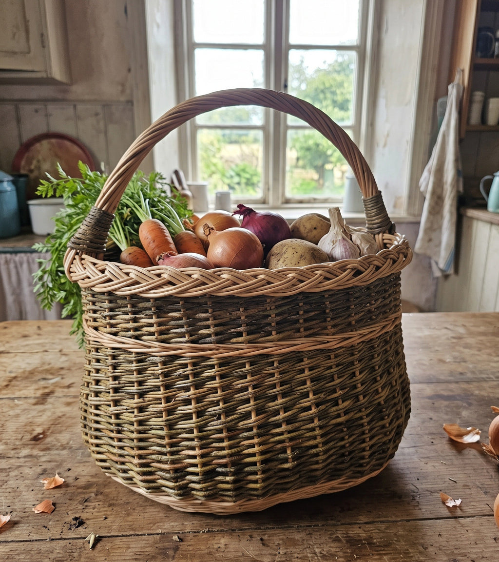 Handwoven willow vegetable basket with handle full of carrots, onions, potatoes and garlic on a farmhouse kitchen table by the window