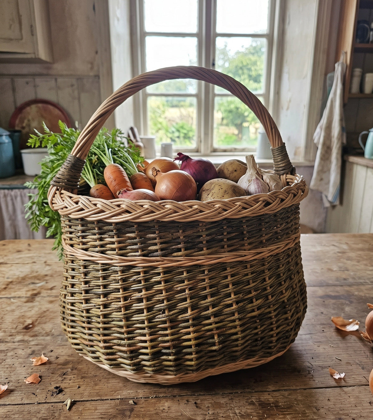 Handwoven willow vegetable basket with handle full of carrots, onions, potatoes and garlic on a farmhouse kitchen table by the window