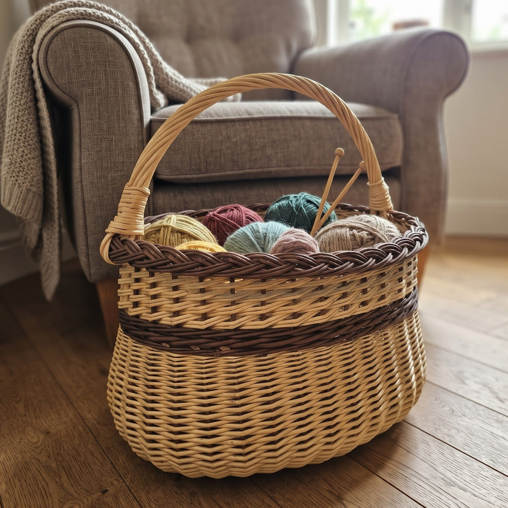 Wicker knitting basket with handle holding balls of yarn and knitting needles on a wooden floor beside a sofa in a cosy living room