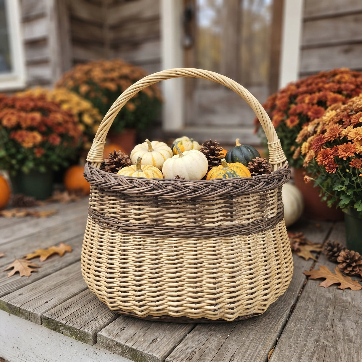 Medium wicker basket with a braided rim holding mini pumpkins, gourds and pine cones on a wooden porch with autumn chrysanthemums