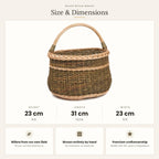 Size chart for the medium handwoven willow basket with handle showing 23 cm height, 31 cm length and 23 cm width