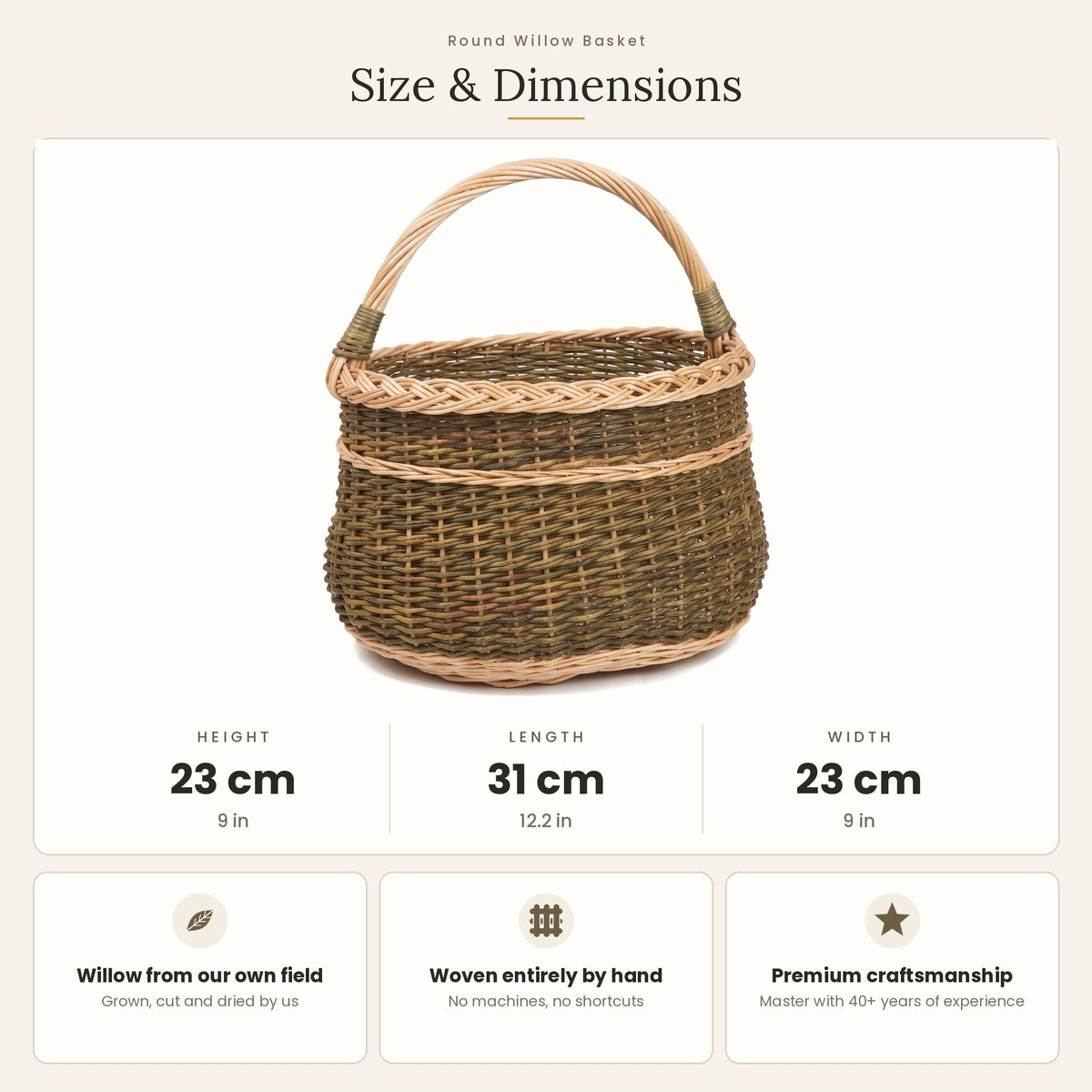 Size chart for the medium handwoven willow basket with handle showing 23 cm height, 31 cm length and 23 cm width