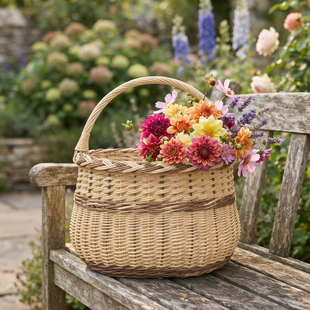 Willow flower basket with an arched handle filled with dahlias, cosmos and lavender on a weathered wooden garden bench