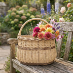 Willow flower basket with an arched handle filled with dahlias, cosmos and lavender on a weathered wooden garden bench