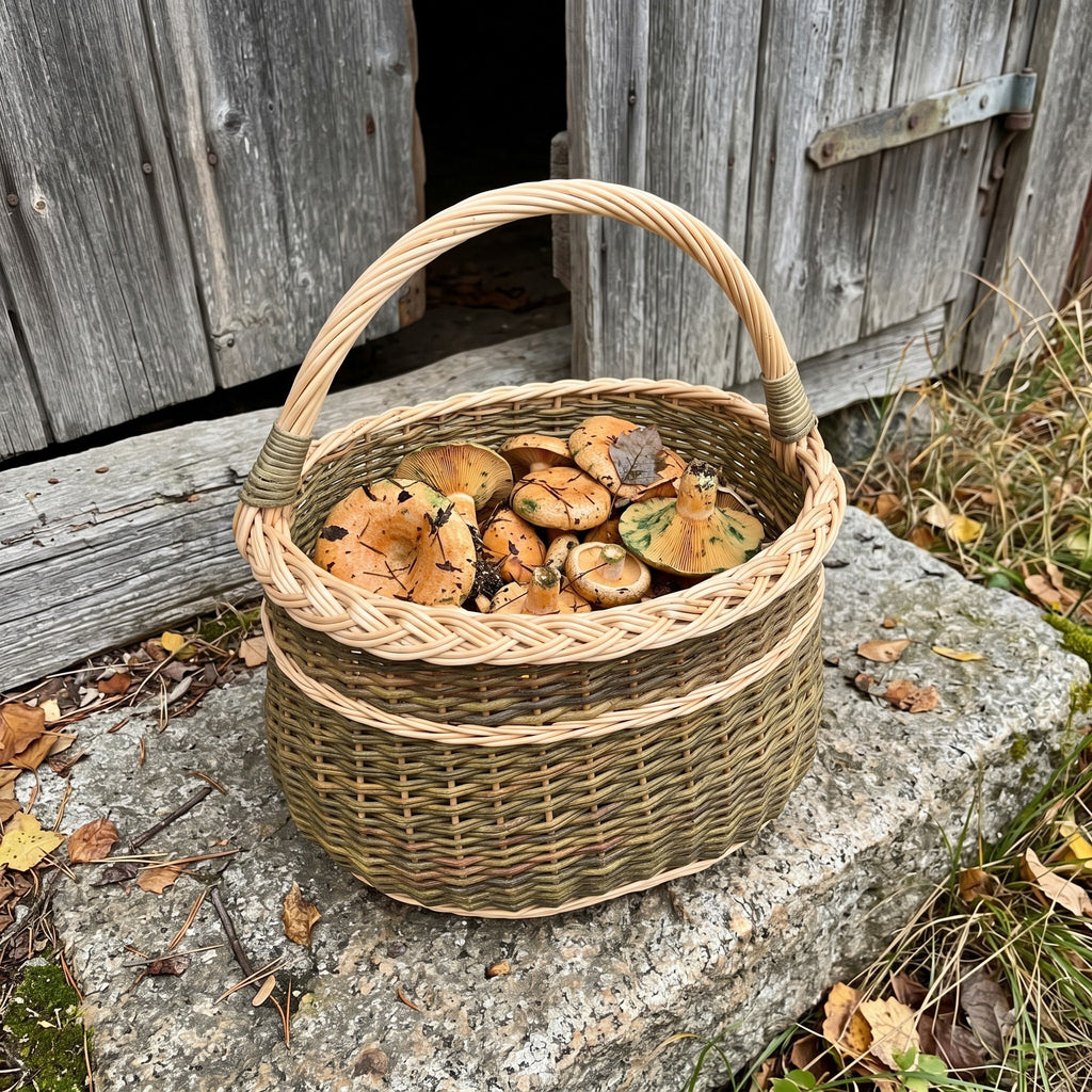 Wicker foraging basket with handle full of freshly picked mushrooms on an old stone step in front of a wooden barn door