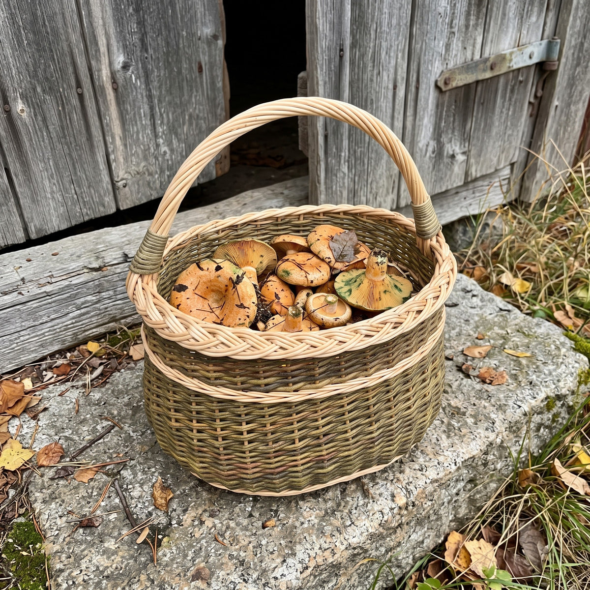 Wicker foraging basket with handle full of freshly picked mushrooms on an old stone step in front of a wooden barn door