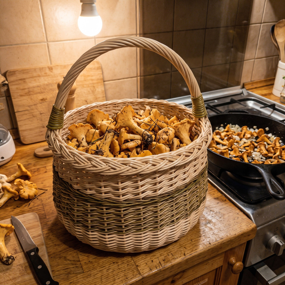 Willow mushroom basket filled with chanterelles on a wooden kitchen counter next to a pan of mushrooms frying on the stove