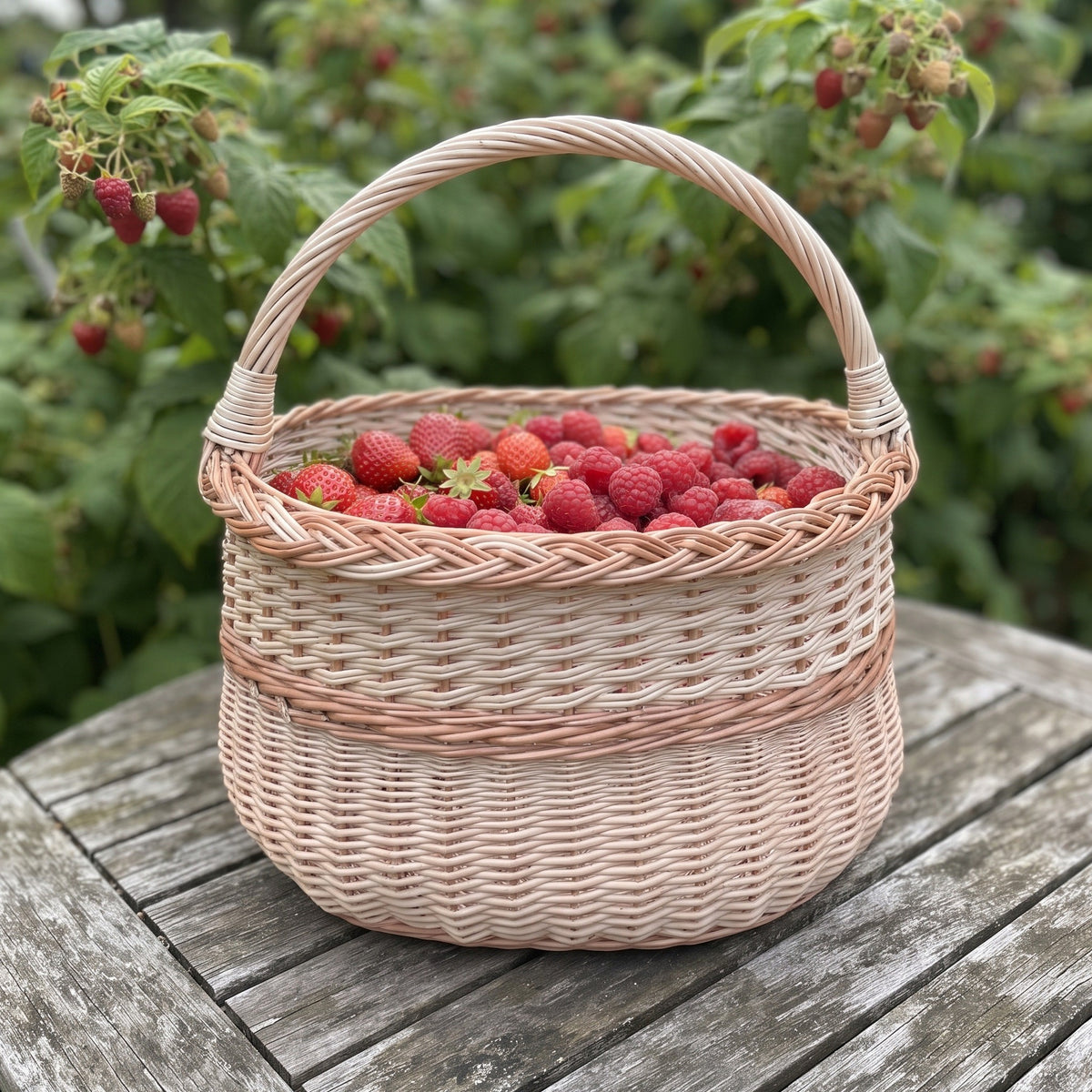 Wicker berry basket with handle filled with fresh raspberries on a garden table in front of raspberry canes