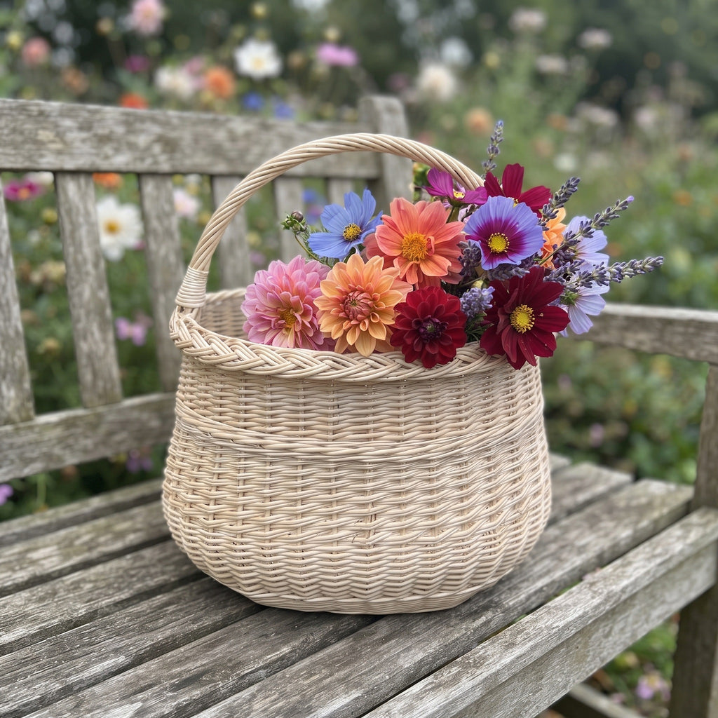Medium willow basket with a braided rim and arched handle holding a bouquet of dahlias and asters on a weathered garden bench