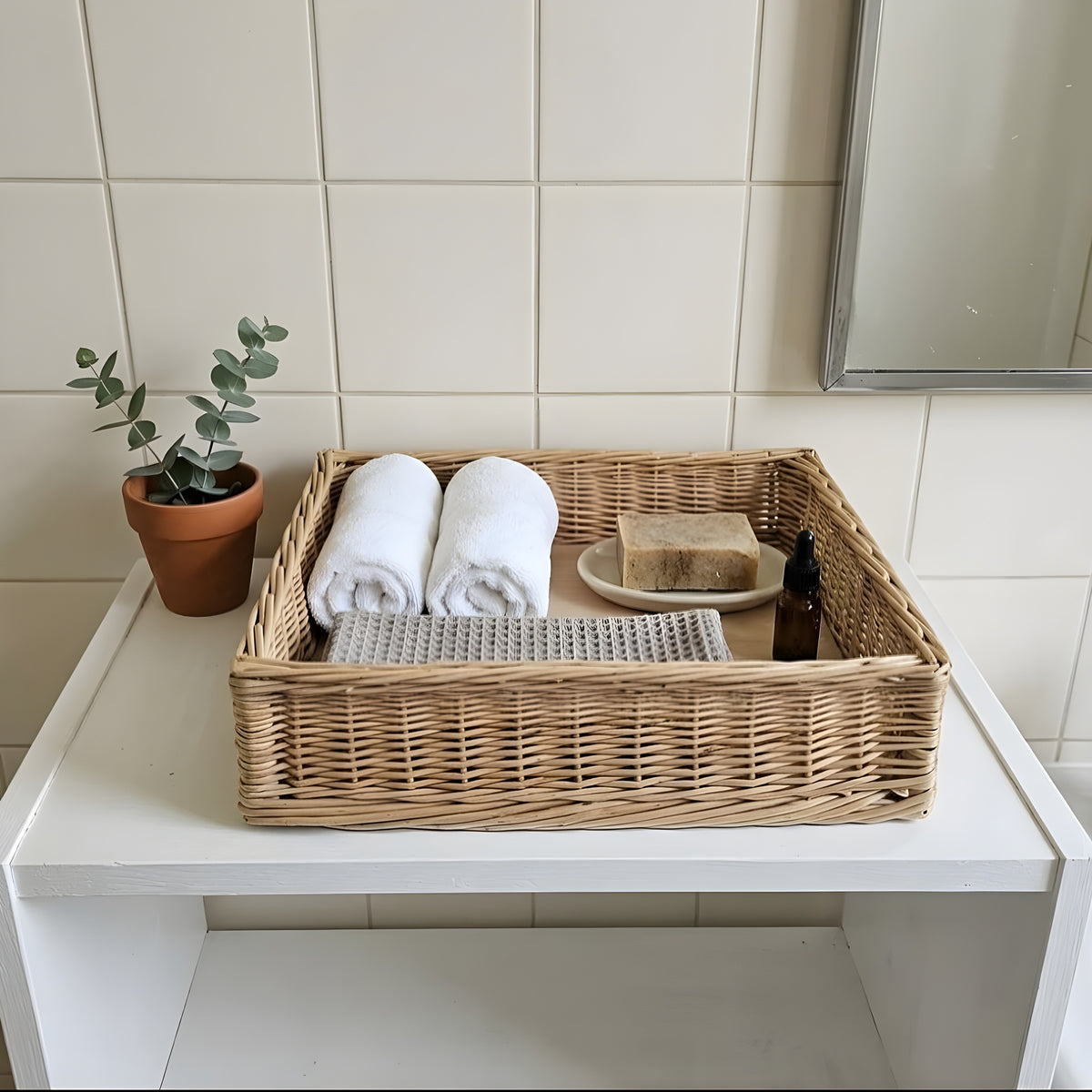 Shallow wicker storage tray with a wooden base holding rolled towels, a bar of soap and a bottle on a white bathroom shelf